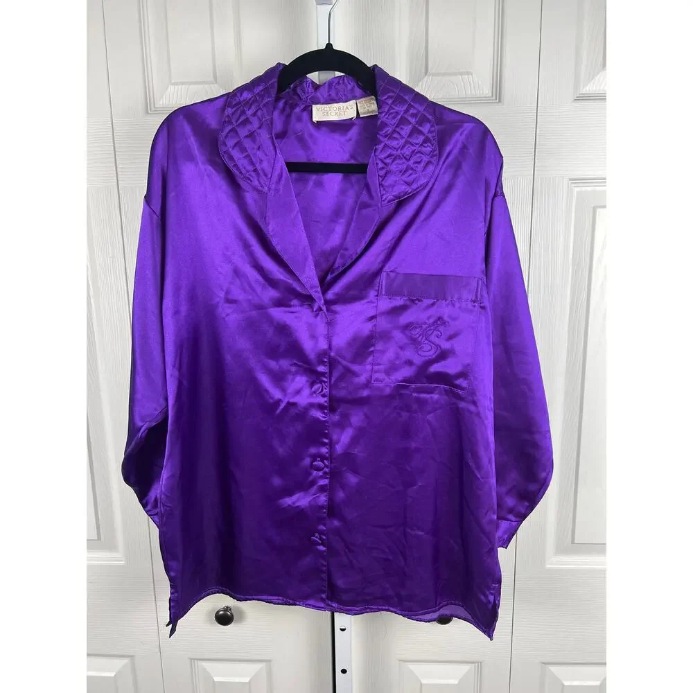 80s Victoria’s Secret Gold Label Purple Satin Pajama Top‎ Small Quilted Collar